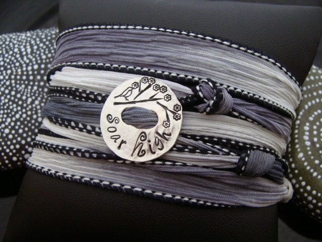 SALE D2E graduation hand dyed silk yoga wrap bracelet with hand stamped "soar high" sterling silver charm, magnetic clasp, adjustable