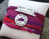 SALE D2E adjustable inspirational graduation gift hammered and hand stamped Aluminum, silk ribbon wrap bracelet