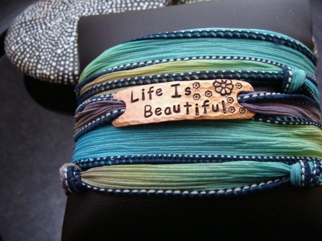 D2E hand dyed silk yoga wrap bracelet with hand stamped copper "Life is beautiful" charm and magnetic clasp