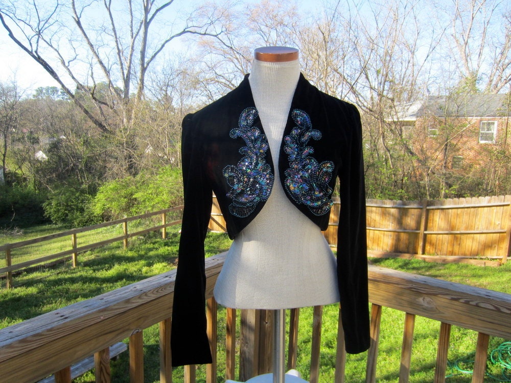 Vintage New Romantic Black Velvet Sequined Shrug Bolero by Zum Zum