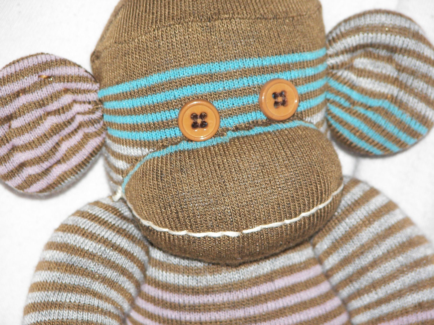 Sock Monkey Doll Plush Stuffed Animal in brown with teal and light pink stripes - MADE TO ORDER
