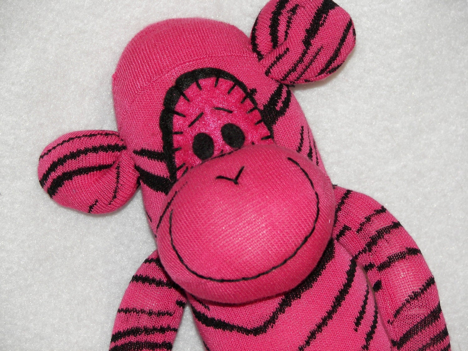 Sock Monkey Doll Plush Toy - In Pink with Black Zebra Stripes - Can Be Personalized Free