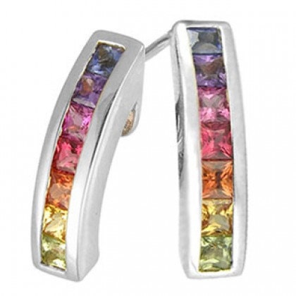Multicolor Rainbow Sapphire Earrings Hoop Huggie 14K White Gold (1ct tw) SKU: 888-14K-Wg