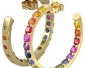 Multicolor Rainbow Sapphire Earrings Inside Outside 1 Inch Hoop 14K Yellow Gold (4ct tw) SKU: 1518-14K-Yg