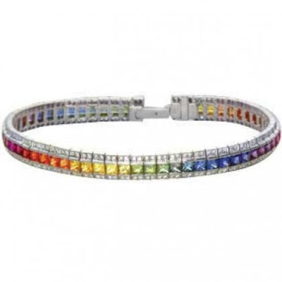 Multicolor Rainbow Sapphire & Diamond Tennis Bracelet 14K White Gold (9.5ct tw) SKU: 411-14K-Wg