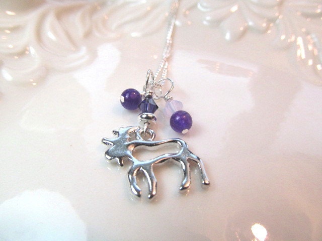 Charm necklace  silver moose with purple crystal and glass beads