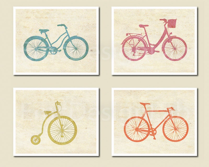 Bicycle Bike Art Print Set Poster Orange Aqua Green Pink Old Paper Textured