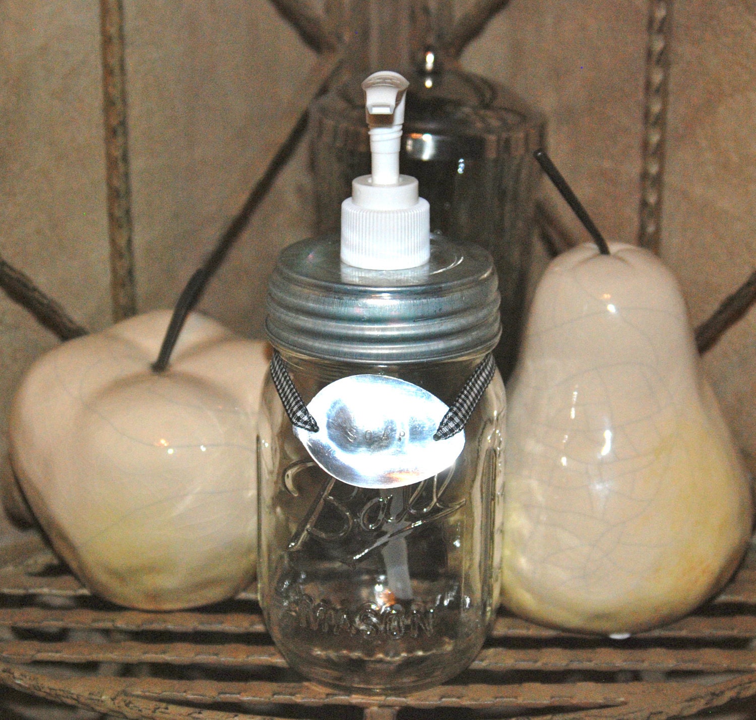Mason Jar Soap Dispenser with  Silver Lid and Hand Stamped Spoon Label