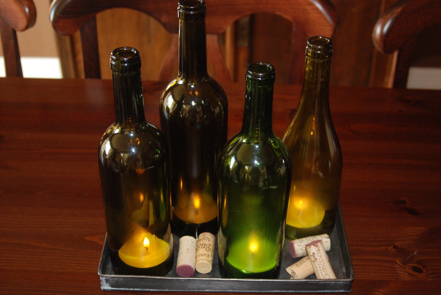 4 Hand Cut Wine Bottle Candles in Rustic Metal by aandkaccents
