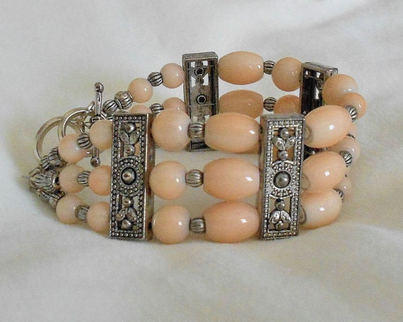 Light Peach Glass Beaded Three Strand Bracelet