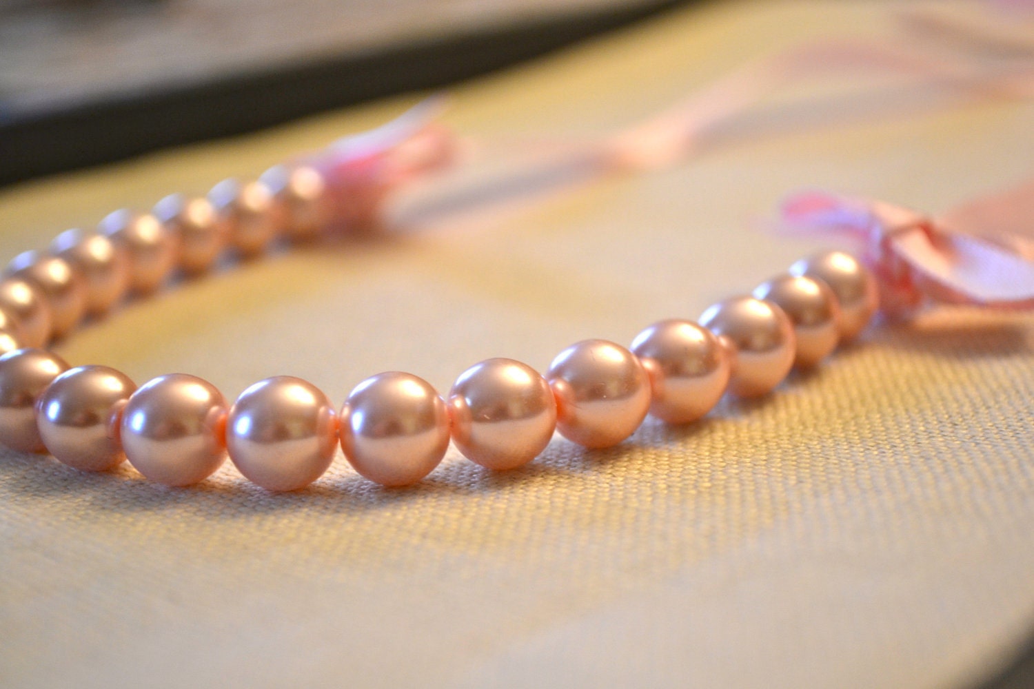 Set of 2 Bella: Beautiful Pink Pearl Necklace with Light Pink Ribbon