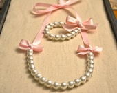 Bella Set: Beautiful White Pearl with Pink Ribbon Necklace and Matching Bracelet