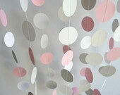 Pink, Gray & White Circle Paper Garland, Wedding, Birthday, Baby Shower, Nursery, 10 feet long