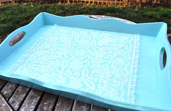 Light Blue / Aqua / Robins Egg Blue Scalloped Wooden Tray with Ivory Lace Detail / Shabby Chic / Vintage Inspired Tray