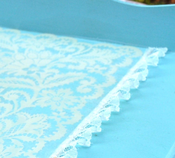 Light Blue / Aqua / Robins Egg Blue Scalloped Wooden Tray with Ivory Lace Detail / Shabby Chic / Vintage Inspired Tray