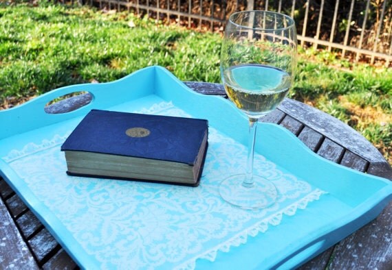 Light Blue / Aqua / Robins Egg Blue Scalloped Wooden Tray with Ivory Lace Detail / Shabby Chic / Vintage Inspired Tray