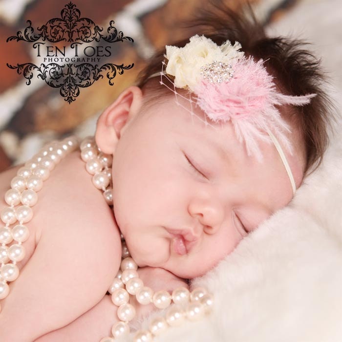 Newborn Perfect. Mini Shabby Chic Style Double Pink & Cream Chiffon Rose Flower Headband with Pearl and Crystal detail