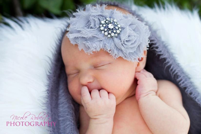 Silver GREY Vintage Inspired Shabby Chic Style Rose Headband Frayed Chiffon Rose on skinny or FOE elastic / Crystal Detailing (1)