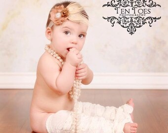 Vintage Style Rose Flower Headband or clip with Cream Bleached Peacock feathers and Crystals and Pearls