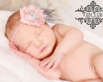 Pretty- Shabby Chic Vintage Pink Rose Flower Headband or clip with Grey Peacock Feathers