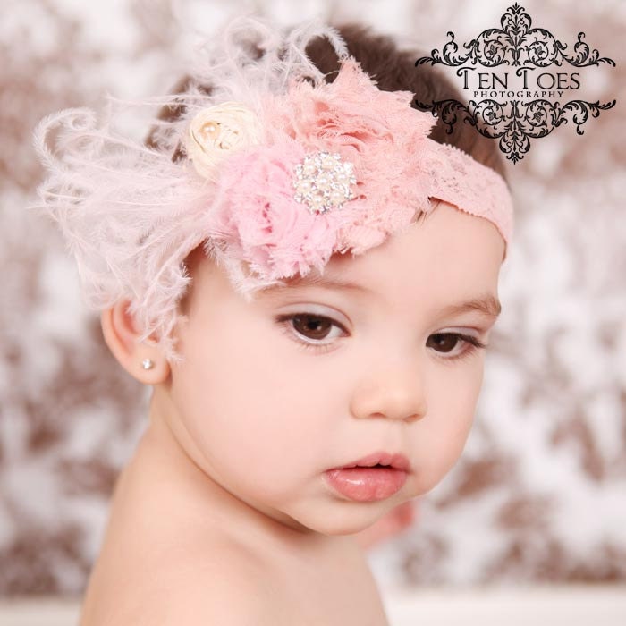 Pink and Cream Dupioni Silk Rosette and Roses Headband with curly ostrich feathers, lace, veiling and crystal and pearl detail