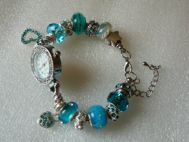 Turquoise Beads With Clear Rhinestones On Watch Bracelet