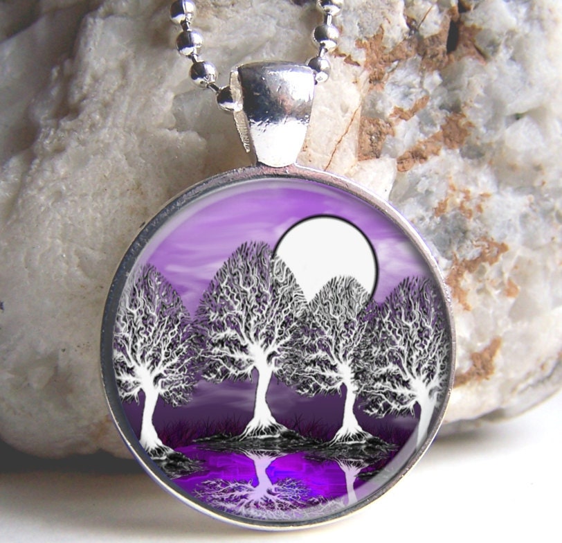 Lavender Forest Tree Art Pendant , Silver And Glass Necklace, Tree Pendant