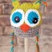 Crochet Owl Hat - Celadon green, gray, orange and teal - Photography Prop - 15 inch size - 6 month size - Made to order two days