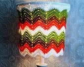 1970s Groovy Lampshade Green Tan Orange White  Zig Zag Chevron Crochet Unique Housewares Retro Decor