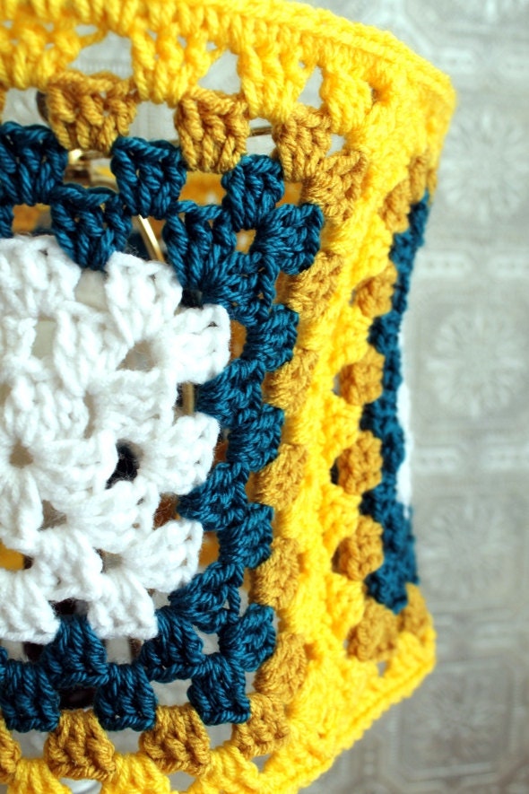 Yellow Lampshade Granny Square Gold Crochet Teal White Retro Unique Lighting Housewares Retro Inspired