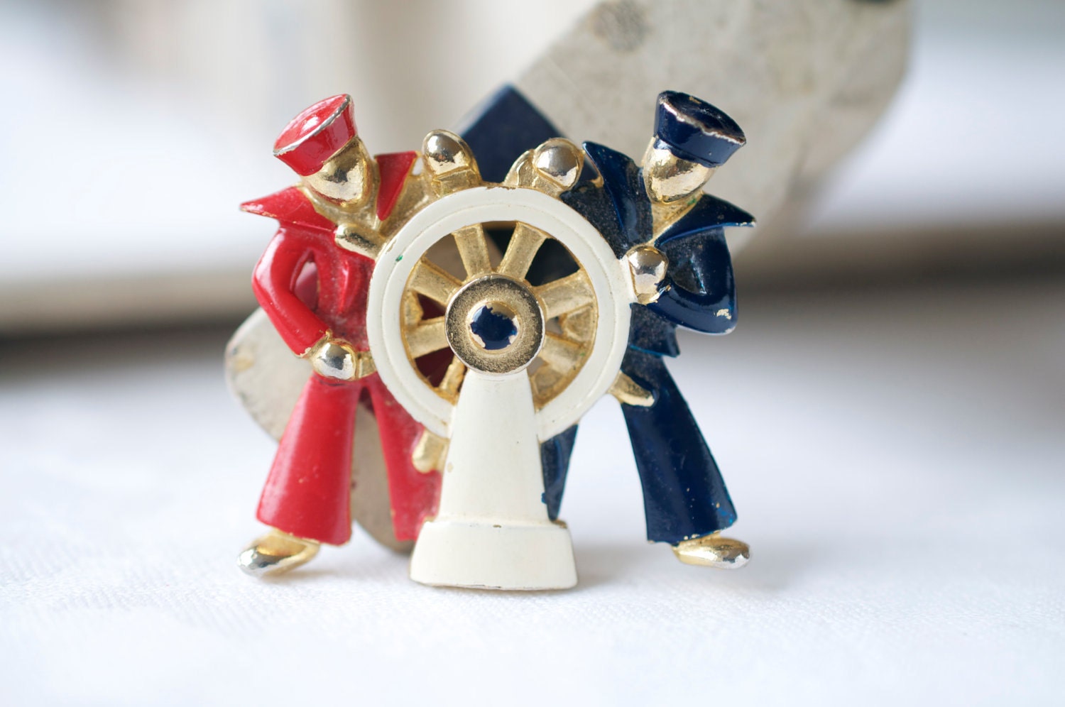 Vintage 1960s LISNER Brooch Red White and Blue Sailors at the Helm Pin