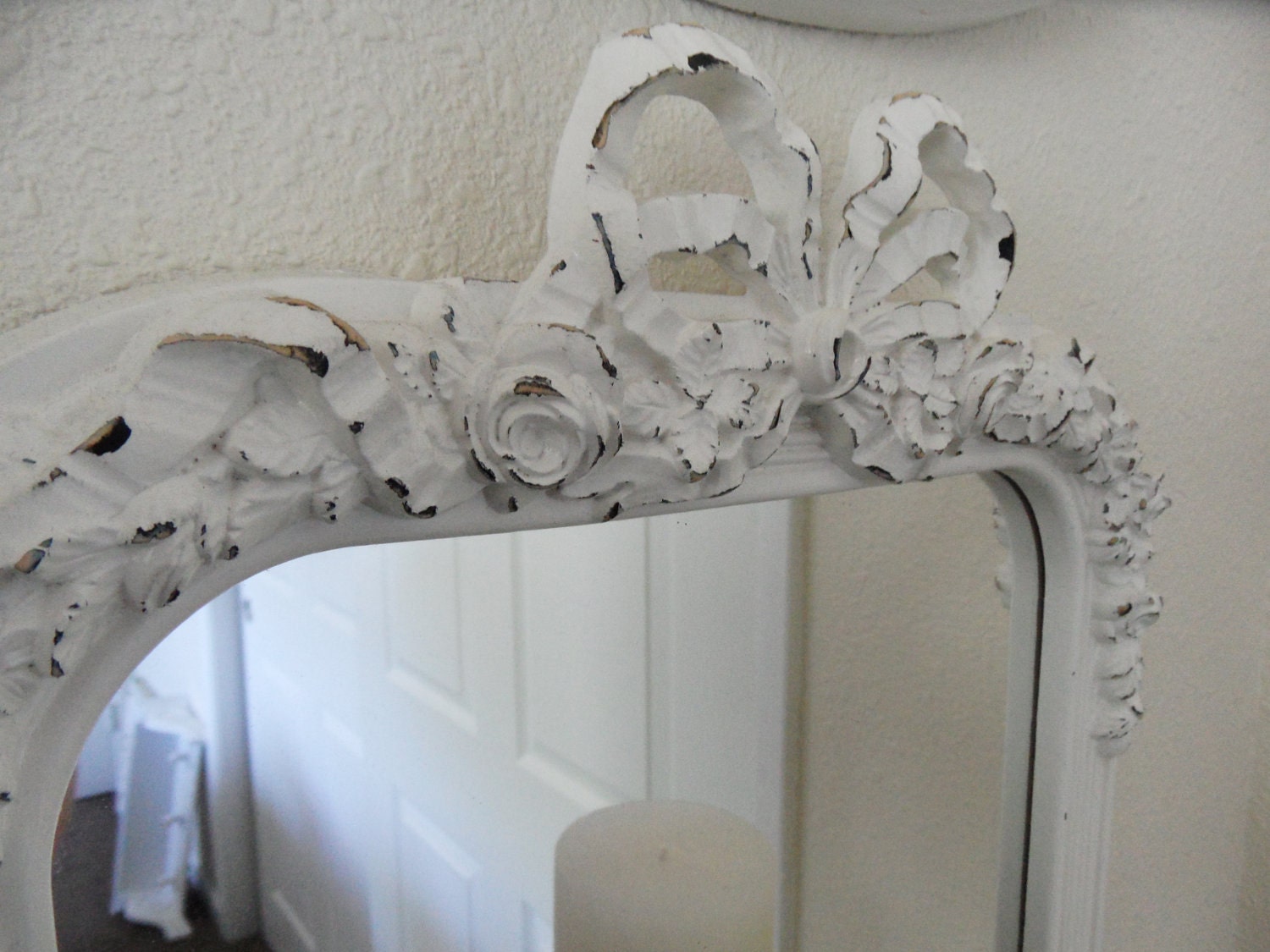 Adorable Vintage Mirror Creamy White Shabby Chic Hand Distressed Loaded with Roses and a Big Ornate Bow