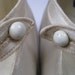 Vintage ANTIQUE WEDDING Shoes Cream Silk Satin Heels Teens 1910s 1920s 5B Chiffon Rosette Button Sides Detroit Michigan R.H. Fyfe & Company