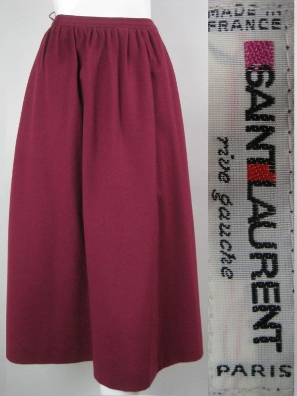 Vintage 1970s YVES SAINT LAURENT Skirt Wine Red Russian Collection ysl Rive Gauche Size 34 Wool Gathered Waist Classic