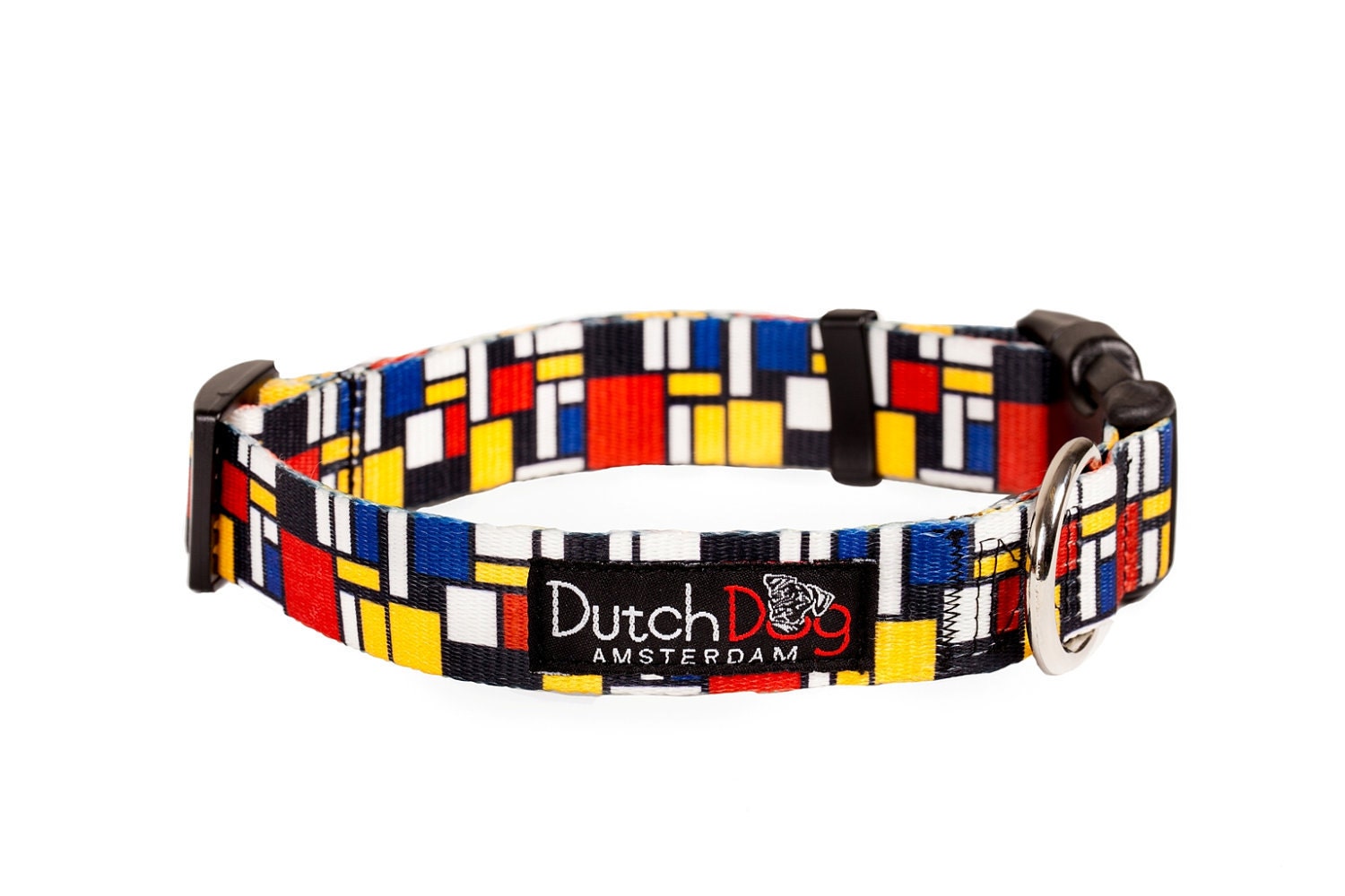 Dog collar from recycled webbing - Mondrian inspiration - Size S (10-15"), 5/8" wide - dutchdogdesign