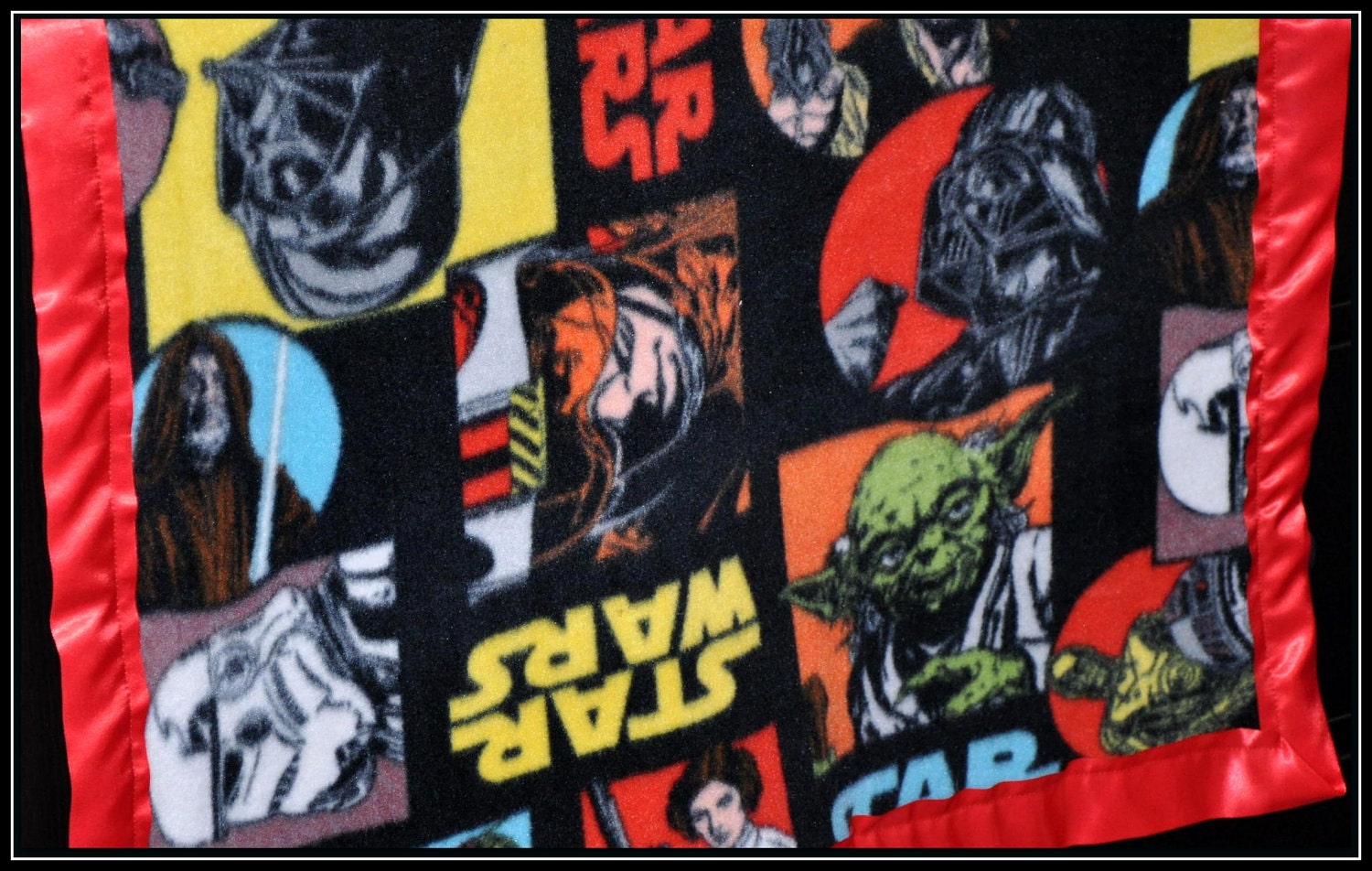 Star Wars Fleece Blanket with Red Satin Binding and Backed with Red Minky Dot -- Geek-a-bye Baby Blanket -- Sci-Fi Geek - Handmade