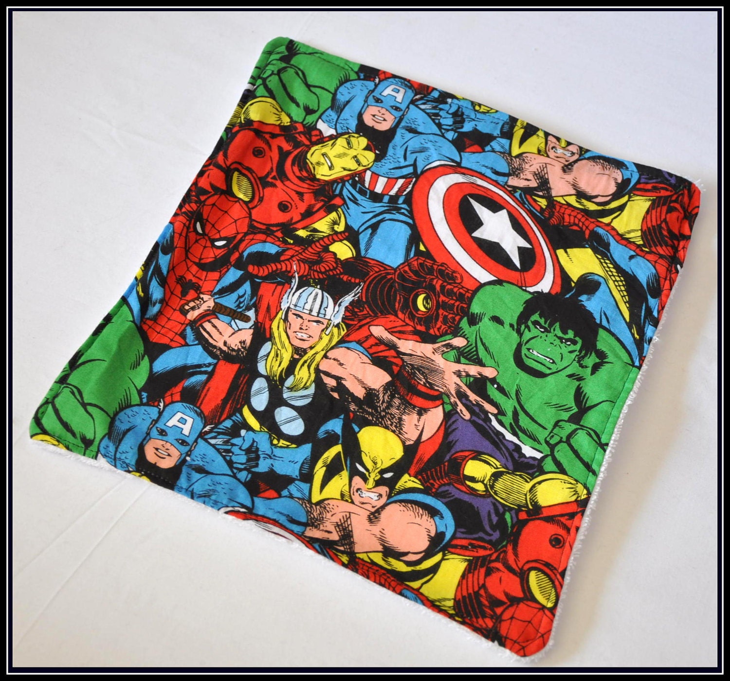 Burp Cloth -- Avengers Cartoon Cotton with White Terry Cloth -- Geek-a-bye Baby - Comic Geek - Handmade
