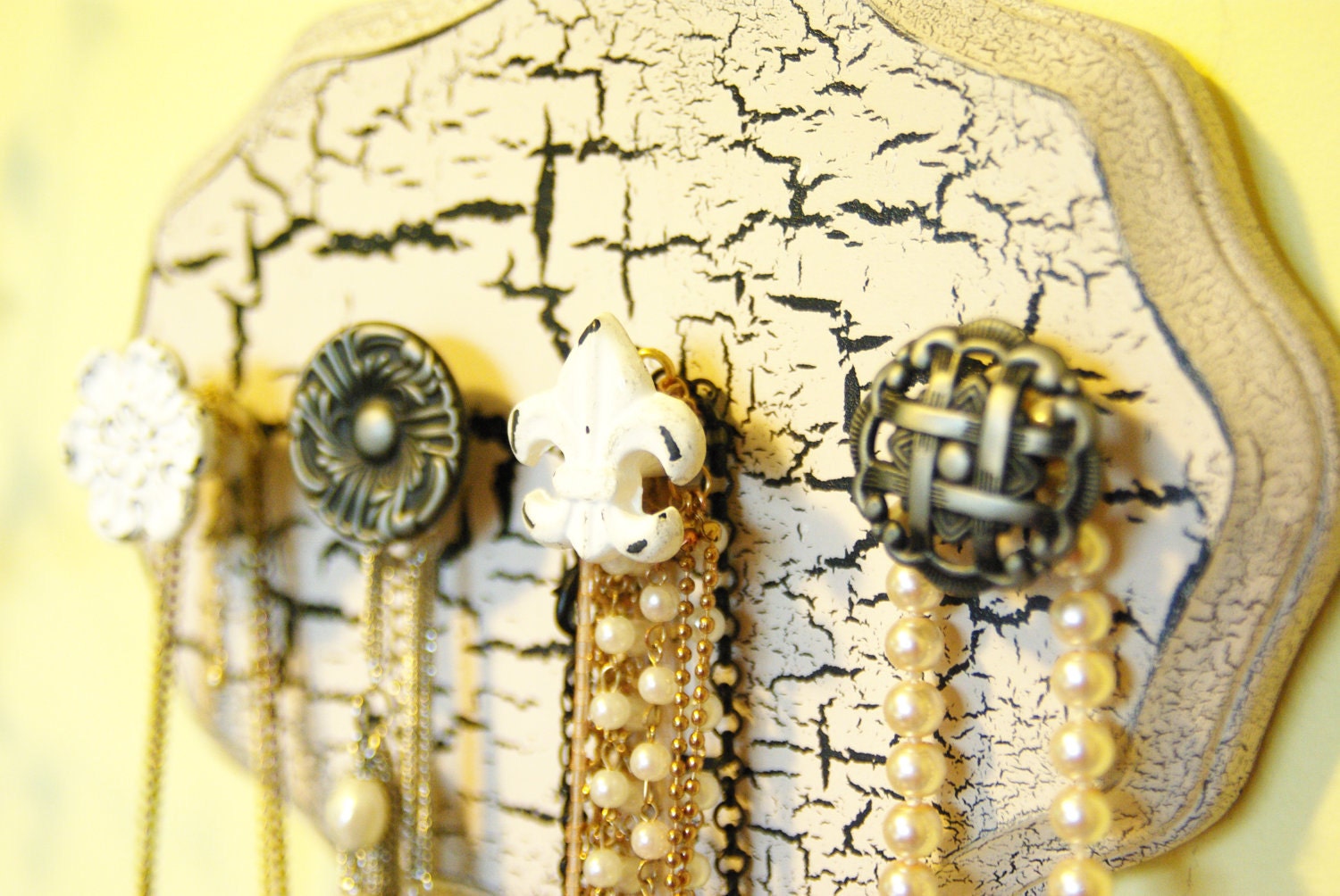 Shabby Chic Black and White Jewelry Display - 4 Knobs Crackle Paint, Antiqued Jewelry Hanger