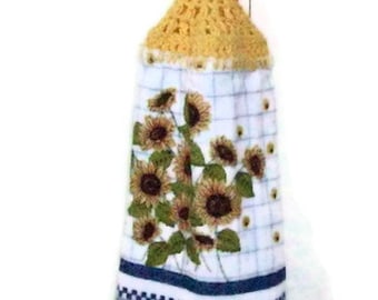 Sale - Sunflower - Kitchen  Hanging Towel - Crocheted top