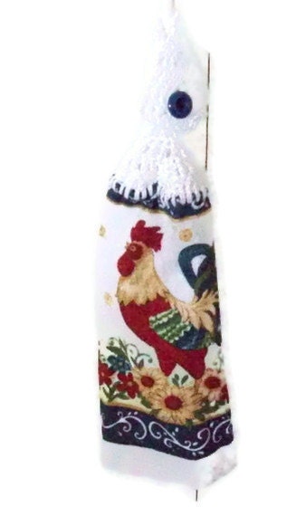 Sale - Rooster - Hanging Kitchen Towel -Crochet top