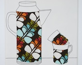 Seventies coffee pot and cups drawing with fabric