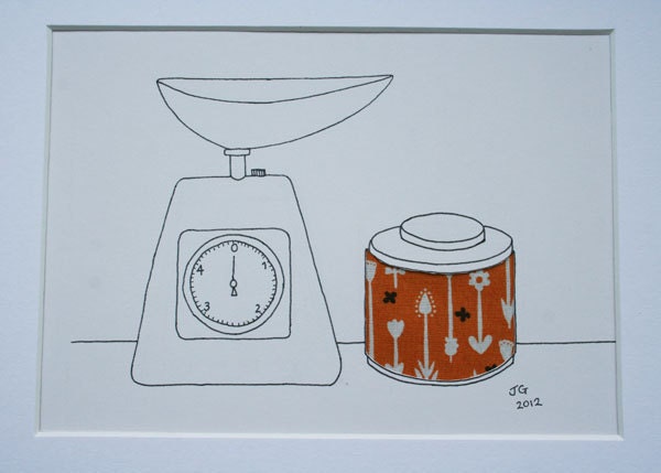Retro kitchen scales and tea caddy drawing with fabric