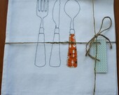 Machine embroidered knife, fork and spoon cotton tea towel