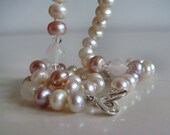 Large quality freshwater pearl necklace rose quartz crystal bride wedding jewellery handmade knotted silk 925 silver, sterling silver