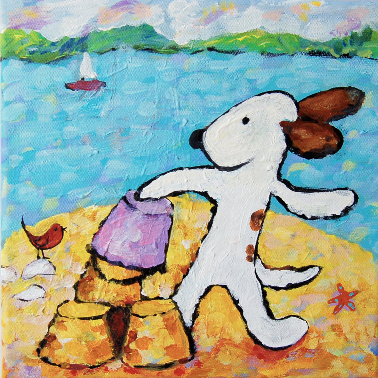 whimsical, dog painting, sandcastle, beach, childrens art - everygoodcolor
