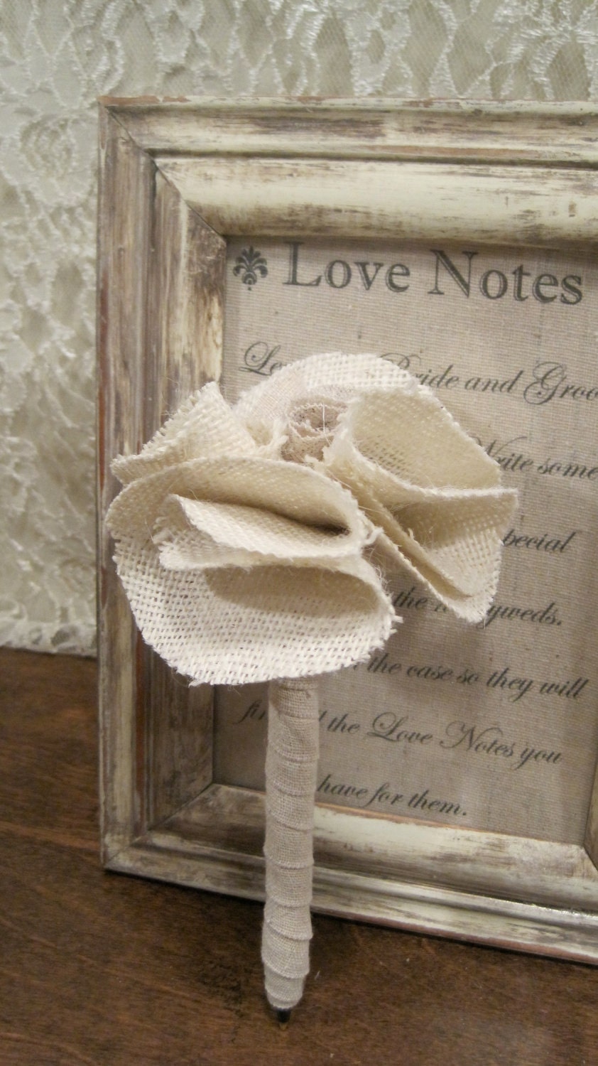 Shabby Chic Guest Book Pen- Burlap and Linen Flower with Linen Wrapped Pen