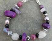Fab Multi Gemstone Bracelet Amethyst Rose Quartz Turquoise Pearl Rhodonite 'Purple Pleasure'