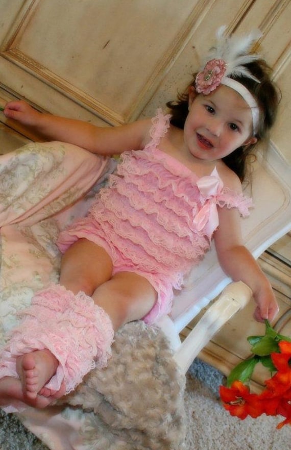 Pink Lace Ruffled Petti Romper Pettiromper with Flapper Style Pink and White Feather Headband