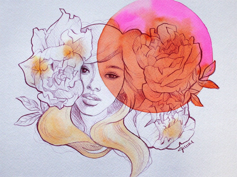 Contemporary Modern Surreal Illustration Pink Orange Peony Girl by JUURI 9x12