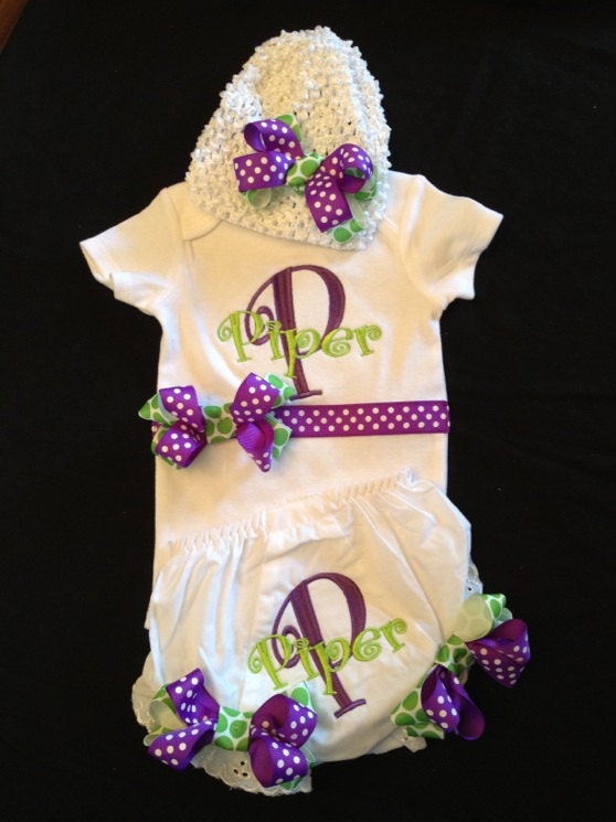 Custom Personalized Monogrammed Onesie, Bloomers, Crochet Hat and Bow...Bodysuit Diaper Cover for BaBy Girl